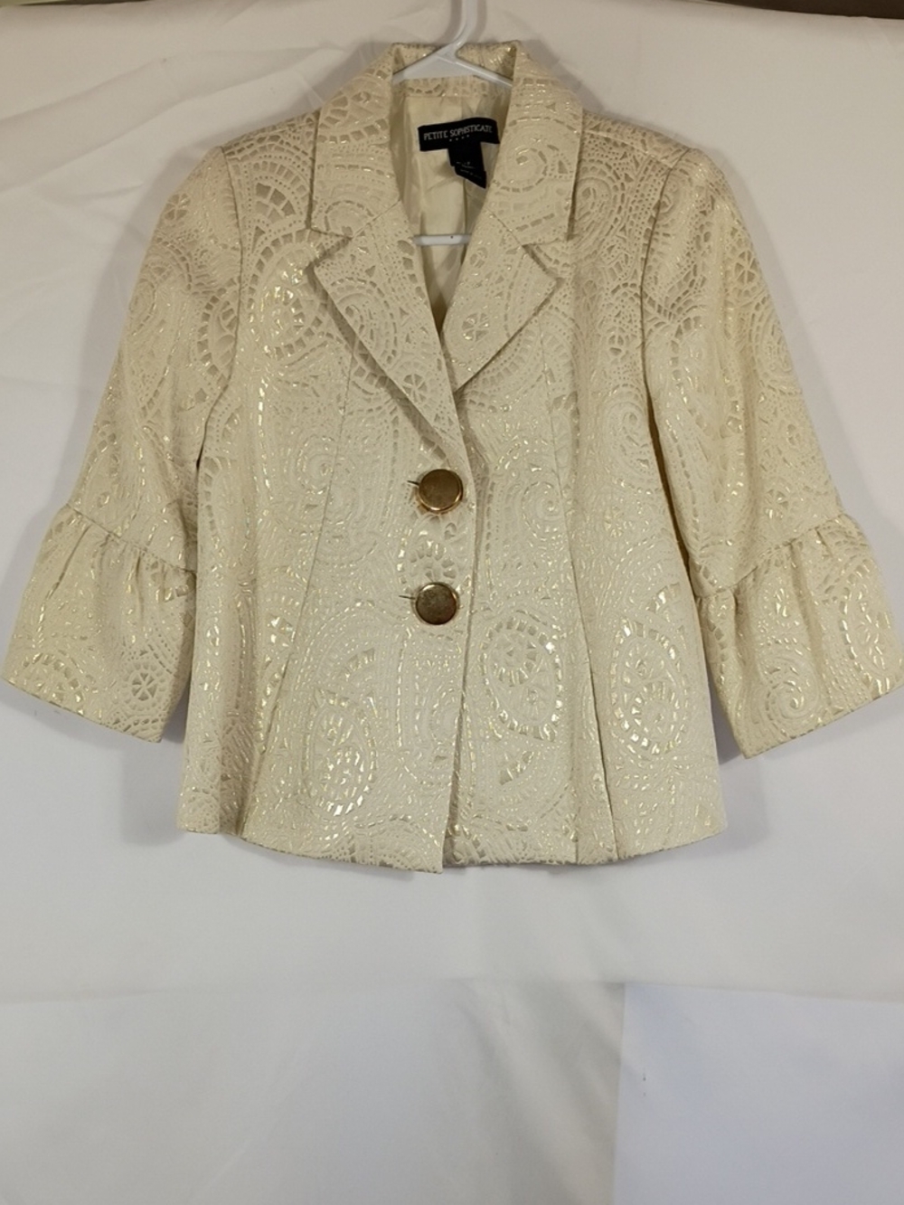 EUC Vintage Petite Sophisticate Cream Pailsey Lace-Overlay Button Blazer Size 4P